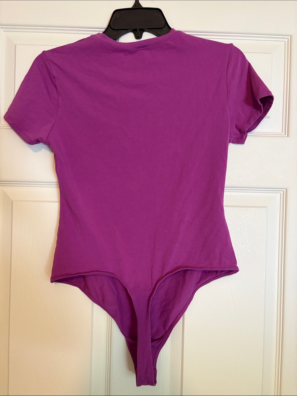 Women’s Crewneck Thong Plum Colored Short Sleeve Snap Bodysuit - Picture 3 of 3
